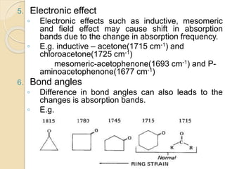 5. Electronic effect
◦ Electronic effects such as inductive, mesomeric
and field effect may cause shift in absorption
bands due to the change in absorption frequency.
◦ E.g. inductive – acetone(1715 cm-1) and
chloroacetone(1725 cm-1)
mesomeric-acetophenone(1693 cm-1) and P-
aminoacetophenone(1677 cm-1)
6. Bond angles
◦ Difference in bond angles can also leads to the
changes is absorption bands.
◦ E.g.
 