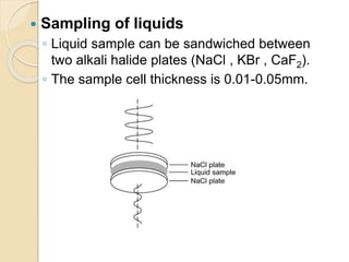  Sampling of liquids
◦ Liquid sample can be sandwiched between
two alkali halide plates (NaCl , KBr , CaF2).
◦ The sample cell thickness is 0.01-0.05mm.
 