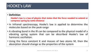 HOOKE's LAW
• Definition
Hooke’s law is a law of physics that states that the force needed to extend or
compress spring by some distance
• In Infrared spectroscopy, Hooke’s law is applied to determine the
molecules based on the peak range
• A vibrating bond in the IR can be compared to the physical model of a
vibrating spring system that can be described Hooke’s law of
harmonic oscillation.
• Using the force constant K and masses of two atoms M, then the
absorption should change as the properties of the system
13Department of Pharmaceutics, KCP, CBE-32
 