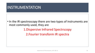 INSTRUMENTATION
• In the IR spectroscopy there are two types of instruments are
most commonly used, they are
1.Dispersive Infrared Spectrscopy
2.Fourier transform IR spectra
39Department of Pharmaceutics, KCP, CBE-32
 