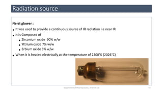Nerst glower :
• It was used to provide a continuous source of IR radiation i.e near IR
• It Is Composed of
• Zirconium oxide 90% w/w
• Yttrium oxide 7% w/w
• Erbium oxide 3% w/w
• When it is heated electrically at the temperature of 2300°K (2026°C)
Radiation source
42Department of Pharmaceutics, KCP, CBE-32
 