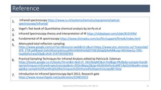 1. Infrared spectroscopy https://www.ru.nl/systemschemistry/equipment/optical-
spectroscopy/infrared/
2. Vogel’s Text book of Quantitative chemical analysis by Jerrfy et.al
3. Infrared Spectroscopy theory and Interpretation of IR https://slideplayer.com/slide/8335494/
4. Fundamental of IR spectroscopy https://www.shimadzu.com/an/ftir/support/ftirtalk/index.html
5. Attenuated total reflection sampling
https://www.google.com/url?sa=t&source=web&rct=j&url=https://www.utsc.utoronto.ca/~traceslab/
ATR_FTIR.pdf&ved=2ahUKEwirjobmuujfAhUVAXIKHefqD5YQFjAZegQIAxAB&usg=AOvVaw1p-7DG-
txypQxhy1wqJSQq&cshid=1547303582941
6. Practical Sampling Techniques for Infrared Analysis edited by Patricia B. Coleman
https://books.google.co.in/books?hl=en&lr=&id=JY_H61INJqMC&oi=fnd&pg=PA2&dq=sample+handli
ng+techniques+infrared+spectroscopy&ots=DCbrdbqsy2&sig=KkZdnDxPzvitsd4lF14pGlzhA6w#v=onep
age&q=sample%20handling%20techniques%20infrared%20spectroscopy&f=false
7. Introduction to Infrared Spectroscopy April 2012, Research gate
https://www.researchgate.net/publication/224831013
Reference
53Department of Pharmaceutics, KCP, CBE-32
 
