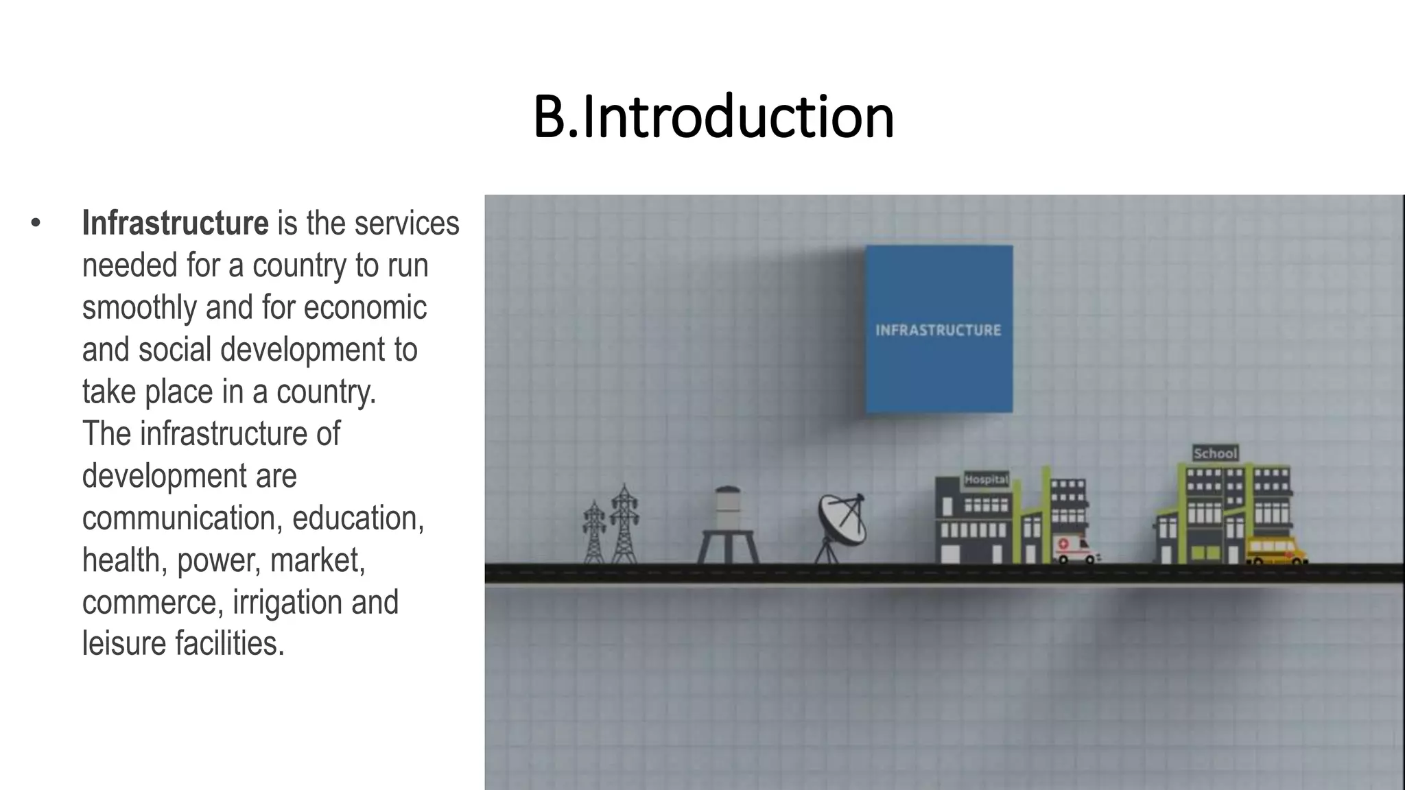 B.Introduction
• Infrastructure is the services
needed for a country to run
smoothly and for economic
and social development to
take place in a country.
The infrastructure of
development are
communication, education,
health, power, market,
commerce, irrigation and
leisure facilities.
 