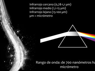 Infrarrojo cercano (0,78-1,1 µm)Infrarrojo medio (1,1-15 µm)Infrarrojo lejano (15-100 µm)µm = micrómetroRango de onda: de 700 nanómetros hasta 1 micrómetro