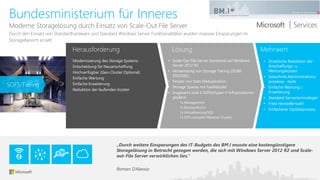 Herausforderung Lösung Mehrwert
„Durch weitere Einsparungen des IT-Budgets des BM.I musste eine kostengünstigere
Storagelösung in Betracht gezogen werden, die sich mit Windows Server 2012 R2 und Scale-
out-File Server verwirklichen lies.“
Roman D’Alessio
Bundesministerium für Inneres
Moderne Storagelösung durch Einsatz von Scale-Out File Server
Modernisierung des Storage Systems
Entscheidung für Neuanschaffung
Hochverfügbar (Geo-Cluster Optional)
Einfache Wartung
Einfache Erweiterung
Reduktion der laufenden Kosten
• Scale-Out File Server basierend auf Windows
Server 2012 R2
• Verwendung von Storage Tiering (20/80
SSD/SAS)
• Einsatz von Data Deduplication
• Storage Spaces mit FastRebuild
• Insgesamt sind 4 SOFS/Hyper-V Infrastrukturen
geplant:
1x Management
1x Backup/Archiv
1x Virtualisierung/SQL
1x CIFS (virtuelle Fileserver Cluster)
Durch den Einsatz von Standardhardware und Standard Windows Server Funktionalitäten wurden massive Einsparungen im
Storagebereich erzielt.
• Drastische Reduktion der
Anschaffungs- u.
Wartungskosten.
• Gewohnte Administrations-
prozesse, -tools
• Einfache Wartung /
Erweiterung
• Standard Servertechnologie
• Freie Herstellerwahl
• Einfacherer Updateprozess
SOFS/Tiering
 