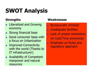 SWOT Analysis
Strengths
 Liberalized and Growing
economy
 Strong financial base
 Good consumer base with
a focus on Urbanization
 Improved Connectivity
with the world (Thanks to
IT infrastructure!)
 Availability of Competent
manpower and natural
resources
Weaknesses
 Bureaucratic mindset
 Inadequate facilities
 Lack of proper orientation
on Cost/Time awareness
 Emphasis on Rules and
regulatory approach
 