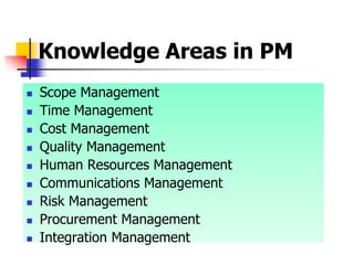 Knowledge Areas in PM
 Scope Management
 Time Management
 Cost Management
 Quality Management
 Human Resources Management
 Communications Management
 Risk Management
 Procurement Management
 Integration Management
 