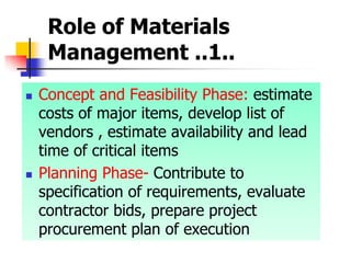 Role of Materials
Management ..1..
 Concept and Feasibility Phase: estimate
costs of major items, develop list of
vendors , estimate availability and lead
time of critical items
 Planning Phase- Contribute to
specification of requirements, evaluate
contractor bids, prepare project
procurement plan of execution
 