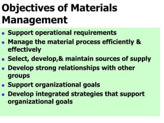 Objectives of Materials
Management
 Support operational requirements
 Manage the material process efficiently &
effectively
 Select, develop,& maintain sources of supply
 Develop strong relationships with other
groups
 Support organizational goals
 Develop integrated strategies that support
organizational goals
 