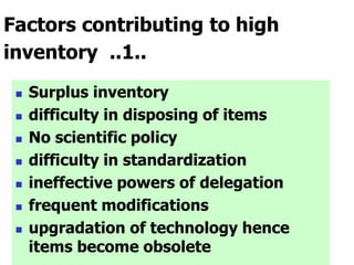 Factors contributing to high
inventory ..1..
 Surplus inventory
 difficulty in disposing of items
 No scientific policy
 difficulty in standardization
 ineffective powers of delegation
 frequent modifications
 upgradation of technology hence
items become obsolete
 
