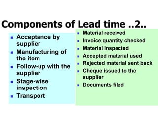 Components of Lead time ..2..
 Acceptance by
supplier
 Manufacturing of
the item
 Follow-up with the
supplier
 Stage-wise
inspection
 Transport
 Material received
 Invoice quantity checked
 Material inspected
 Accepted material used
 Rejected material sent back
 Cheque issued to the
supplier
 Documents filed
 