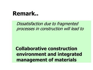 Remark..
Dissatisfaction due to fragmented
processes in construction will lead to
Collaborative construction
environment and integrated
management of materials
 