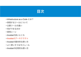 • Infrastructure as a Code
•
•
•
•
• Ansible
• Ansible
• Ansible
•
• Ansible
 