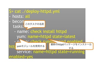 $> cat ./deploy-httpd.yml
- hosts: all
- become: yes
tasks:
- name: check install httpd
yum: name=httpd state=latest
- name: check running and enabled
httpd
service: name=httpd state=running
enabled=yes
yum
httpd
 