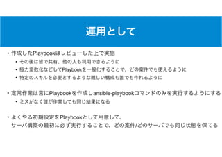 • Playbook
•
• Playbook
•
• Playbook ansible-playbook
•
• Playbook  
/
 