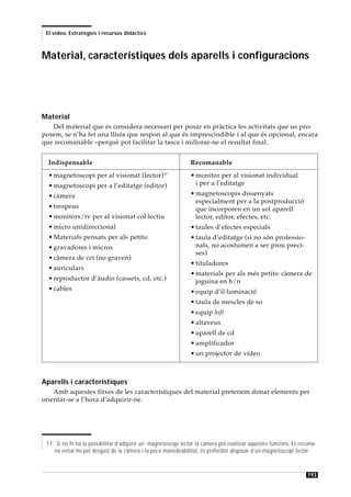 El vídeo. Estratègies i recursos didàctics



Material, característiques dels aparells i configuracions




Material
   Del material que es considera necessari per posar en pràctica les activitats que us pro-
posem, se n’ha fet una llista que respon al que és imprescindible i al que és opcional, encara
que recomanable –perquè pot facilitar la tasca i millorar-ne el resultat final.


  Indispensable                                                 Recomanable
  • magnetoscopi per al visionat (lector)17                     • monitor per al visionat individual
  • magnetoscopi per a l’editatge (editor)                        i per a l’editatge
  • càmera                                                      • magnetoscopis dissenyats
                                                                  especialment per a la postproducció
  • trespeus                                                      que incorporen en un sol aparell
  • monitors/tv per al visionat col·lectiu                        lector, editor, efectes, etc.
  • micro unidireccional                                        • taules d’efectes especials
  • Materials pensats per als petits:                           • taula d’editatge (si no són professio-
  • gravadores i micros                                           nals, no acostumen a ser prou preci-
                                                                  ses)
  • càmera de cct (no graven)
                                                                • tituladores
  • auriculars
                                                                • materials per als més petits: càmera de
  • reproductor d’àudio (cassets, cd, etc.)                       joguina en b/n
  • cables                                                      • equip d’il·luminació
                                                                • taula de mescles de so
                                                                • equip hifi
                                                                • altaveus
                                                                • aparell de cd
                                                                • amplificador
                                                                • un projector de vídeo



Aparells i característiques
    Amb aquestes fitxes de les característiques del material pretenem donar elements per
orientar-se a l’hora d’adquirir-ne.




 17. Si no hi ha la possibilitat d’adquirir un magnetoscopi lector la càmera pot realitzar aquestes funcions. Es recoma-
    na evitar-ho pel desgast de la càmera i la poca maniobrabilitat, és preferible disposar d’un magnetoscopi lector.



                                                                                                                    193
 