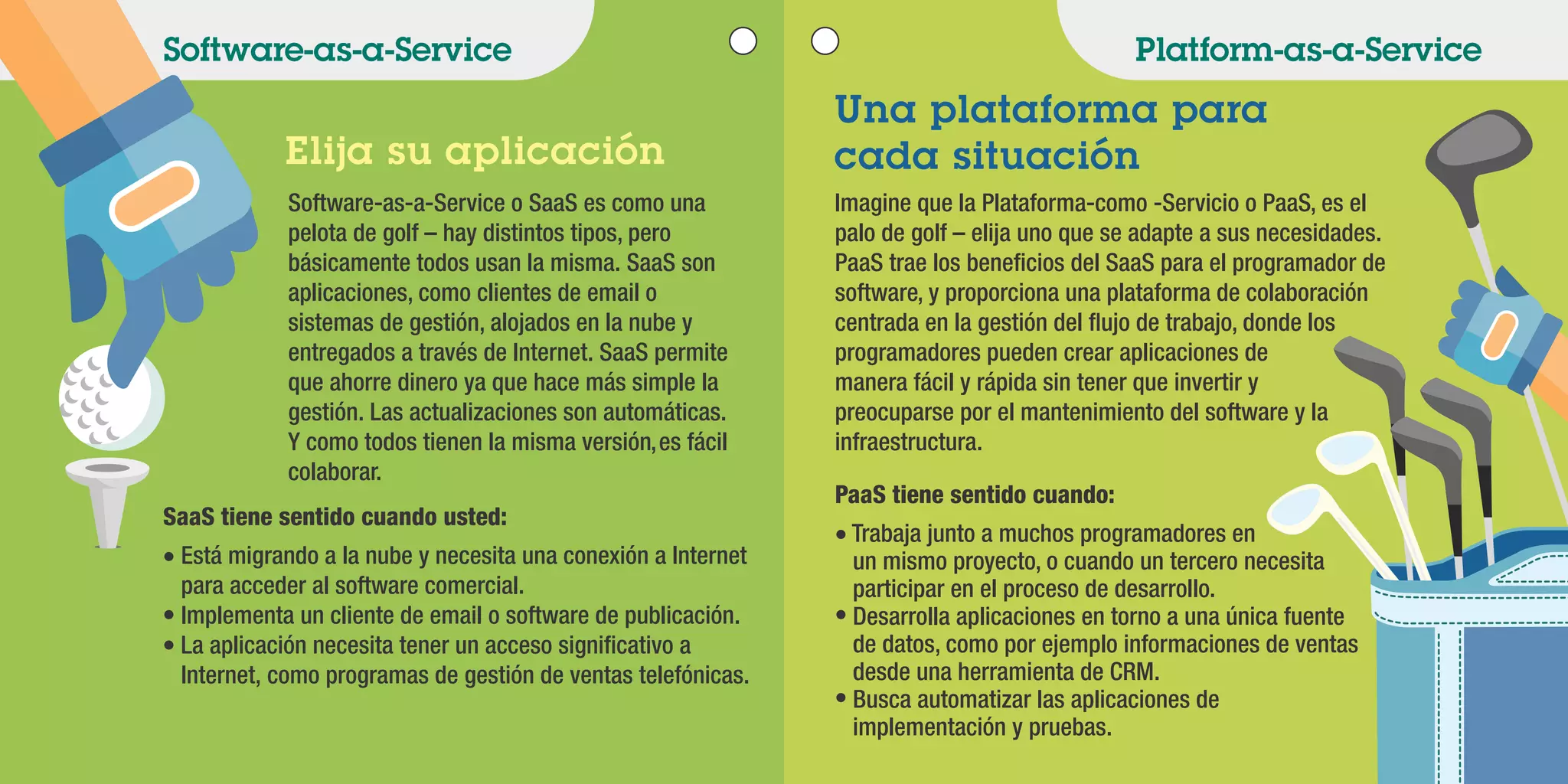 Software-as-a-Service Platform-as-a-Service
Elija su aplicación
Software-as-a-Service o SaaS es como una
pelota de golf – hay distintos tipos, pero
básicamente todos usan la misma. SaaS son
aplicaciones, como clientes de email o
sistemas de gestión, alojados en la nube y
entregados a través de Internet. SaaS permite
que ahorre dinero ya que hace más simple la
gestión. Las actualizaciones son automáticas.
Y como todos tienen la misma versión,es fácil
colaborar.
SaaS tiene sentido cuando usted:
Está migrando a la nube y necesita una conexión a Internet
para acceder al software comercial.
Implementa un cliente de email o software de publicación.
La aplicación necesita tener un acceso signiﬁcativo a
Internet, como programas de gestión de ventas telefónicas.
Una plataforma para
cada situación
Imagine que la Plataforma-como -Servicio o PaaS, es el
palo de golf – elija uno que se adapte a sus necesidades.
PaaS trae los beneﬁcios del SaaS para el programador de
software, y proporciona una plataforma de colaboración
centrada en la gestión del ﬂujo de trabajo, donde los
programadores pueden crear aplicaciones de
manera fácil y rápida sin tener que invertir y
preocuparse por el mantenimiento del software y la
infraestructura.
PaaS tiene sentido cuando:
Trabaja junto a muchos programadores en
un mismo proyecto, o cuando un tercero necesita
participar en el proceso de desarrollo.
Desarrolla aplicaciones en torno a una única fuente
de datos, como por ejemplo informaciones de ventas
desde una herramienta de CRM.
Busca automatizar las aplicaciones de
implementación y pruebas.
 