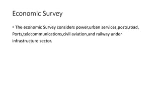 Economic Survey
• The economic Survey considers power,urban services,posts,road,
Ports,telecommunications,civil aviation,and railway under
infrastructure sector.
 