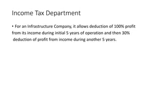 Income Tax Department
• For an Infrastructure Company, it allows deduction of 100% profit
from its income during initial 5 years of operation and then 30%
deduction of profit from income during another 5 years.
 