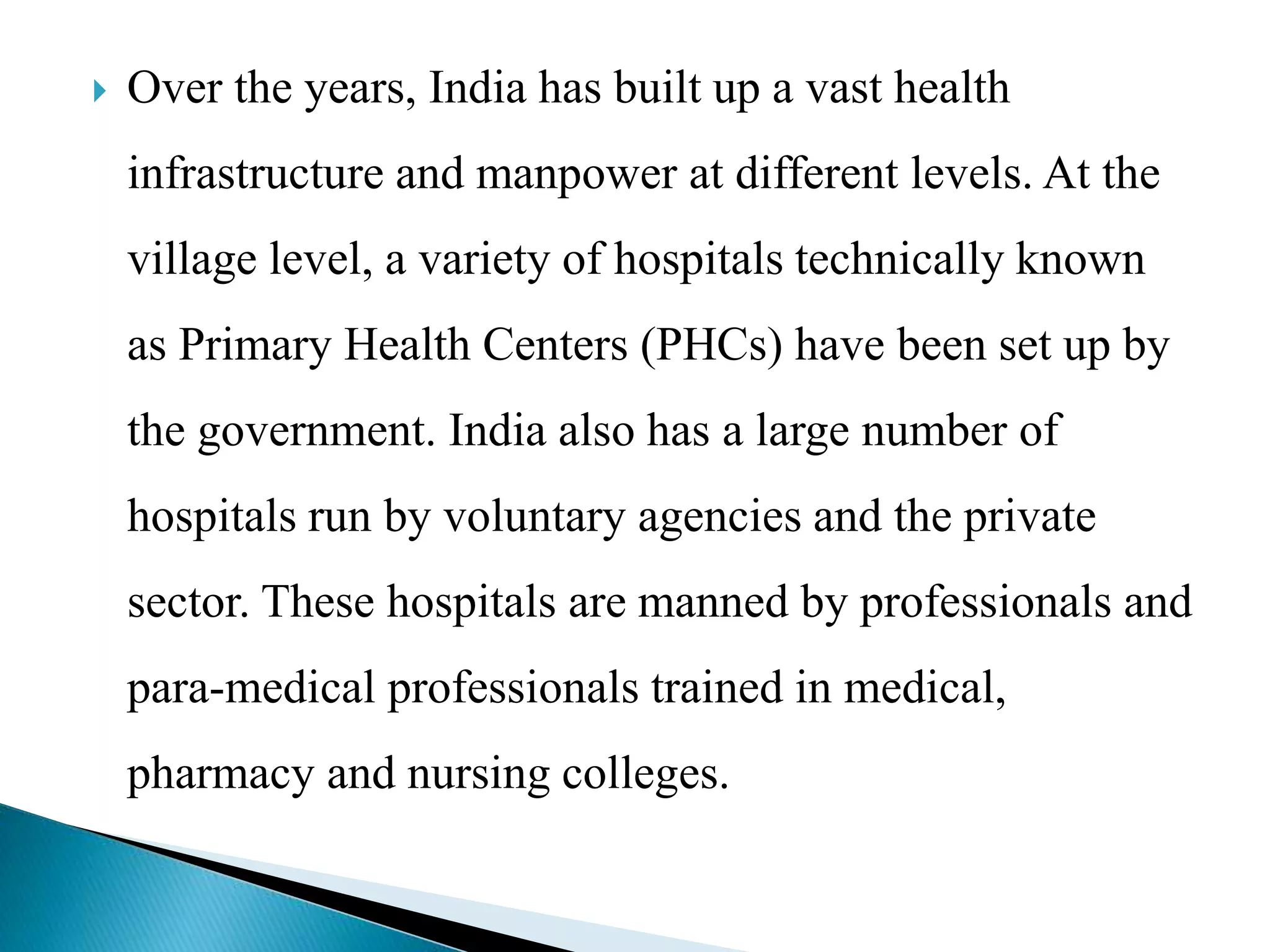 Over the years, India has built up a vast health
infrastructure and manpower at different levels. At the
village level, a variety of hospitals technically known
as Primary Health Centers (PHCs) have been set up by
the government. India also has a large number of
hospitals run by voluntary agencies and the private
sector. These hospitals are manned by professionals and
para-medical professionals trained in medical,
pharmacy and nursing colleges.
 