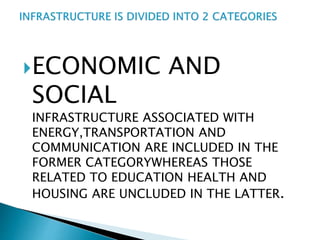 ECONOMIC AND
SOCIAL
INFRASTRUCTURE ASSOCIATED WITH
ENERGY,TRANSPORTATION AND
COMMUNICATION ARE INCLUDED IN THE
FORMER CATEGORYWHEREAS THOSE
RELATED TO EDUCATION HEALTH AND
HOUSING ARE UNCLUDED IN THE LATTER.
 