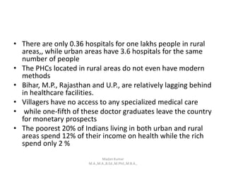 • There are only 0.36 hospitals for one lakhs people in rural
areas,, while urban areas have 3.6 hospitals for the same
number of people
• The PHCs located in rural areas do not even have modern
methods
• Bihar, M.P., Rajasthan and U.P., are relatively lagging behind
in healthcare facilities.
• Villagers have no access to any specialized medical care
• while one-fifth of these doctor graduates leave the country
for monetary prospects
• The poorest 20% of Indians living in both urban and rural
areas spend 12% of their income on health while the rich
spend only 2 %
Madan Kumar
M.A.,M.A.,B.Ed.,M.Phil.,M.B.A.,
 