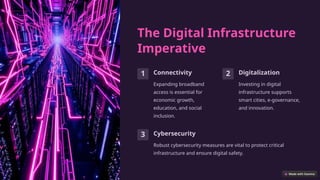 The Digital Infrastructure
Imperative
1 Connectivity
Expanding broadband
access is essential for
economic growth,
education, and social
inclusion.
2 Digitalization
Investing in digital
infrastructure supports
smart cities, e-governance,
and innovation.
3 Cybersecurity
Robust cybersecurity measures are vital to protect critical
infrastructure and ensure digital safety.
 