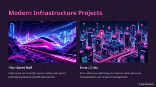 Modern Infrastructure Projects
High-Speed Rail
High-speed rail networks connect cities and regions,
promoting economic growth and tourism.
Smart Cities
Smart cities use technology to improve urban planning,
transportation, and resource management.
 