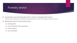 Forestry sector
 Canada does one of the best jobs when it comes to managing their forests -
https://www.slideshare.net/paulyoungcga/what-is-next-for-canadas-forestry-sector
 Bad policies have hurt the forestry sector
 Stumpage fees
 Lack of softwood lumber agreement
 Carbon Taxation
 Lack of skill labor
 