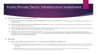 Public/Private Sector Infrastructure Investment
 Global government infrastructure spending
 Many governments are looking at debt financing when it comes to infrastructure - https://www.fitchsolutions.com/infrastructure-
project-finance
 China will play a key role in terms of infrastructure spending - https://www.globalconstructionreview.com/markets/infrastructure-
spending-keep-chinese-construction-/
 USA is looking at $1 trillion infrastructure fund to help stimulate the economy - https://www.bloomberg.com/news/articles/2020-06-
16/trump-team-weighs-1-trillion-for-infrastructure-to-spur-economy
 Canada construction market is also to see growth - https://www.contractormag.com/management/article/20883968/canadas-
construction-industry-to-reach-us3046b-in-2023. The growth has been slowed due to many factors like delays with funds coming
from the gas tax and build Canada fund
 Belt Road
 Belt Road projects continue to expand, i.e. Sri Lanka, Vietnam, Middle East, Pakistan, etc.
 China / https://www.reuters.com/article/us-health-coronavirus-china-silkroad/china-says-one-fifth-of-belt-and-road-projects-seriously-affected-by-
pandemic-idUSKBN23Q0I1 or https://www.invesco.com/invest-china/en/institutional/insights/chinas-belt-and-road-initiative-in-a-post-pandemic-
world.html
 Urban Planning / https://www.npr.org/2019/12/13/784084567/in-sri-lanka-chinas-building-spree-is-raising-questions-about-sovereignty or
https://www.slideshare.net/paulyoungcga/urban-and-rural-planning-whats-next-236315321
 