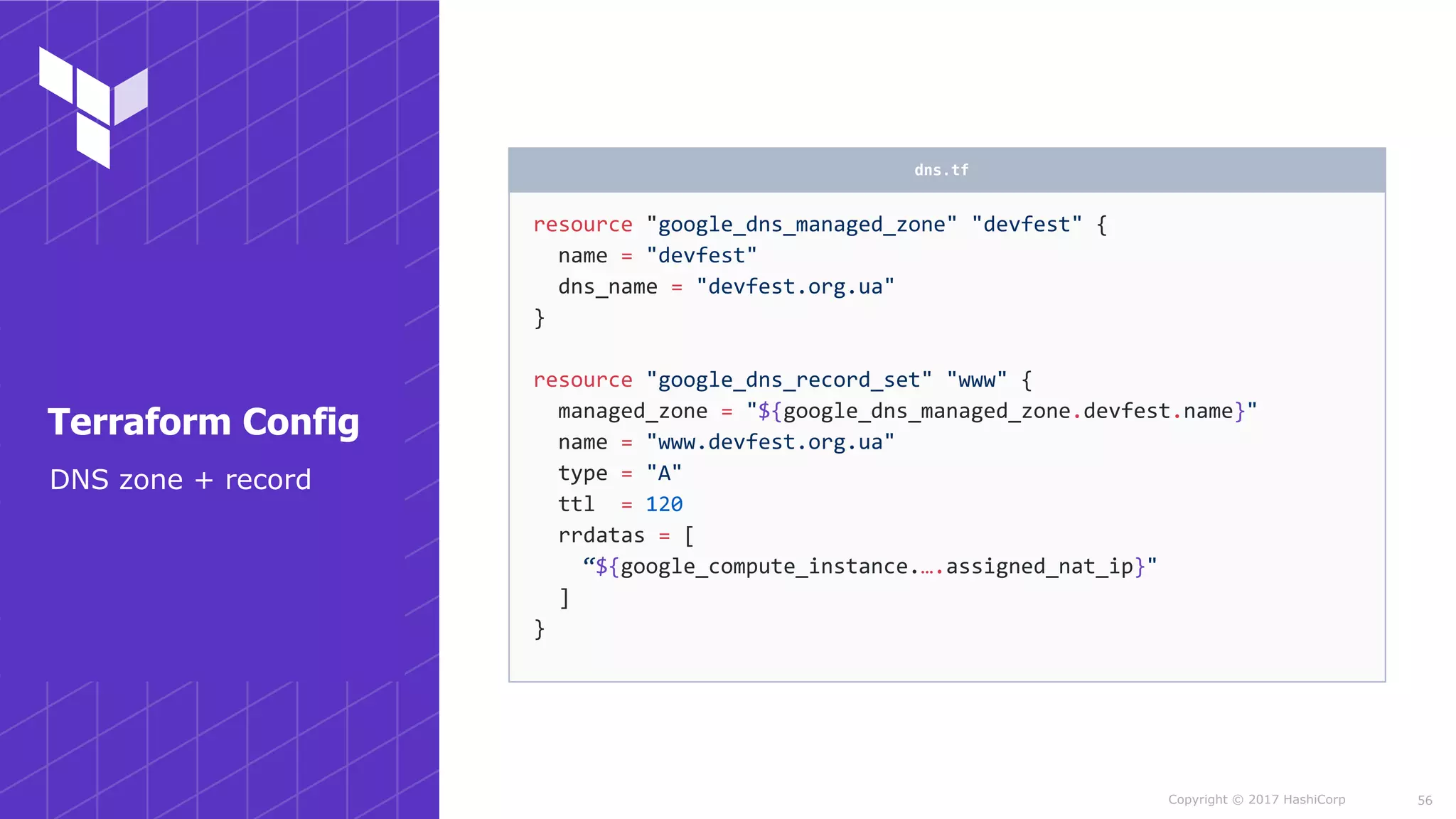 Copyright © 2017 HashiCorp
resource	"google_dns_managed_zone"	"devfest"	{	
		name	=	"devfest"	
		dns_name	=	"devfest.org.ua"	
}	
resource	"google_dns_record_set"	"www"	{	
		managed_zone	=	"${google_dns_managed_zone.devfest.name}"	
		name	=	"www.devfest.org.ua"	
		type	=	"A"	
		ttl		=	120	
		rrdatas	=	[	
				“${google_compute_instance.….assigned_nat_ip}"	
		]	
}
dns.tf
56
DNS zone + record
Terraform Config
 