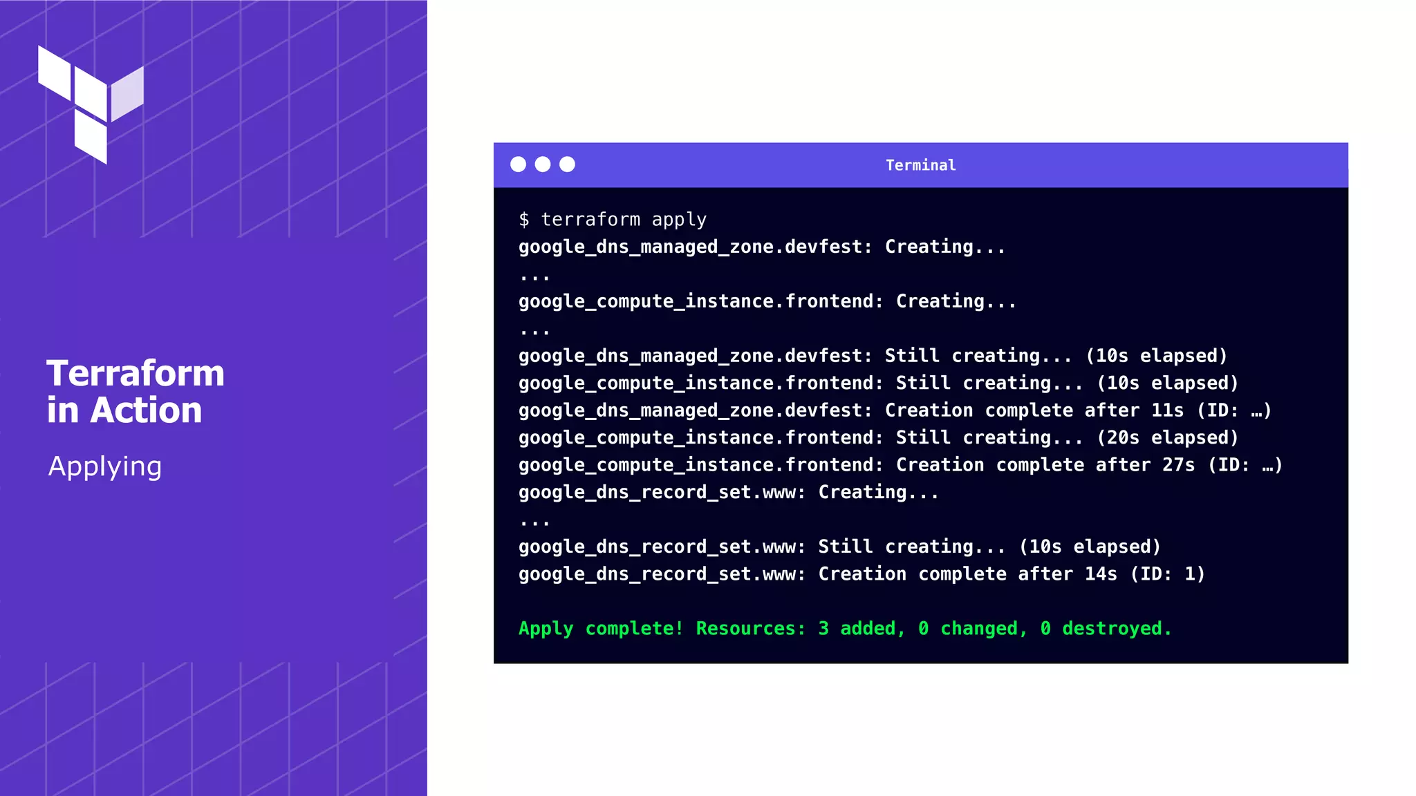 Terminal
Applying
Terraform
in Action
$ terraform apply
google_dns_managed_zone.devfest: Creating...
...
google_compute_instance.frontend: Creating...
...
google_dns_managed_zone.devfest: Still creating... (10s elapsed)
google_compute_instance.frontend: Still creating... (10s elapsed)
google_dns_managed_zone.devfest: Creation complete after 11s (ID: …)
google_compute_instance.frontend: Still creating... (20s elapsed)
google_compute_instance.frontend: Creation complete after 27s (ID: …)
google_dns_record_set.www: Creating...
...
google_dns_record_set.www: Still creating... (10s elapsed)
google_dns_record_set.www: Creation complete after 14s (ID: 1)
Apply complete! Resources: 3 added, 0 changed, 0 destroyed.
 