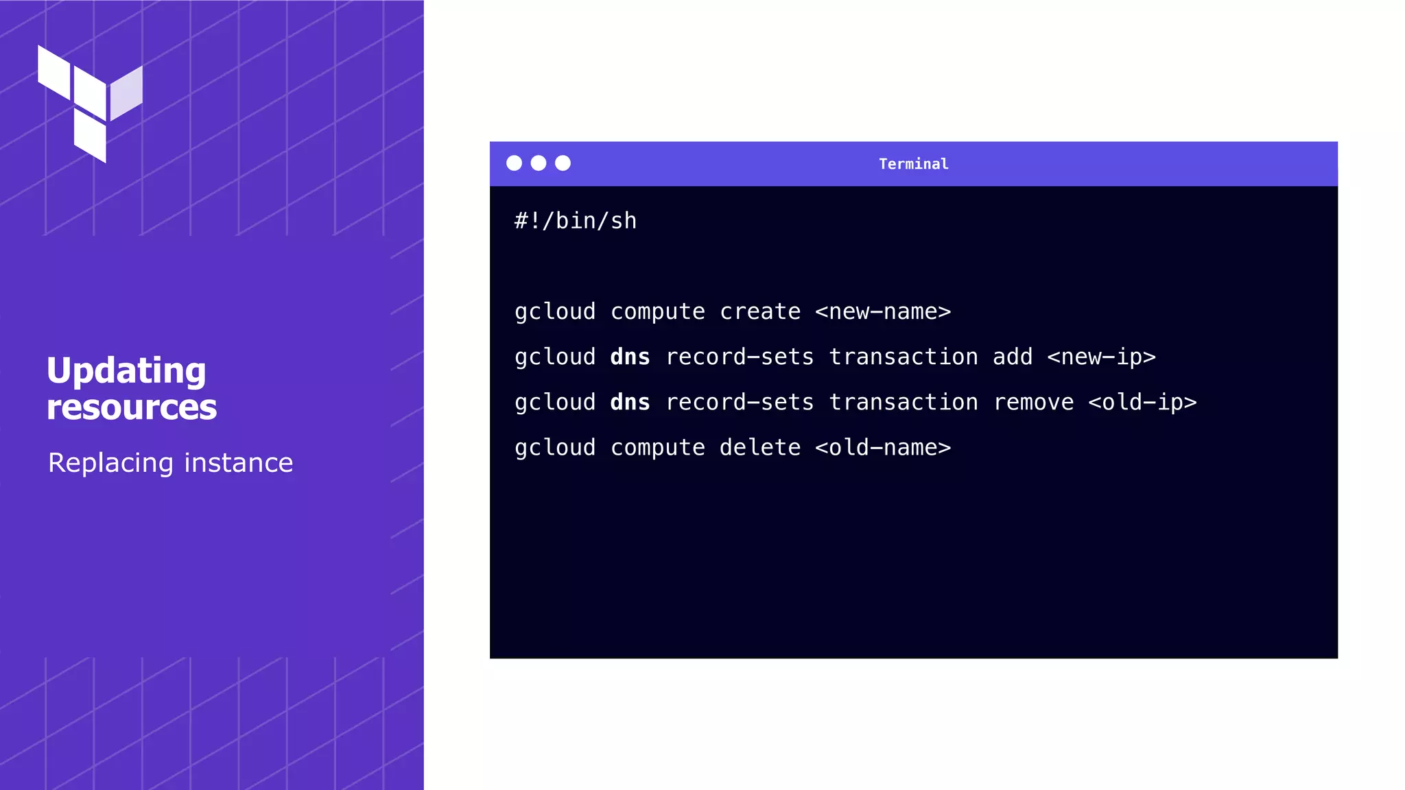 Terminal
Replacing instance
Updating
resources
#!/bin/sh
gcloud compute create <new-name>
gcloud dns record-sets transaction add <new-ip>
gcloud dns record-sets transaction remove <old-ip>
gcloud compute delete <old-name>
 