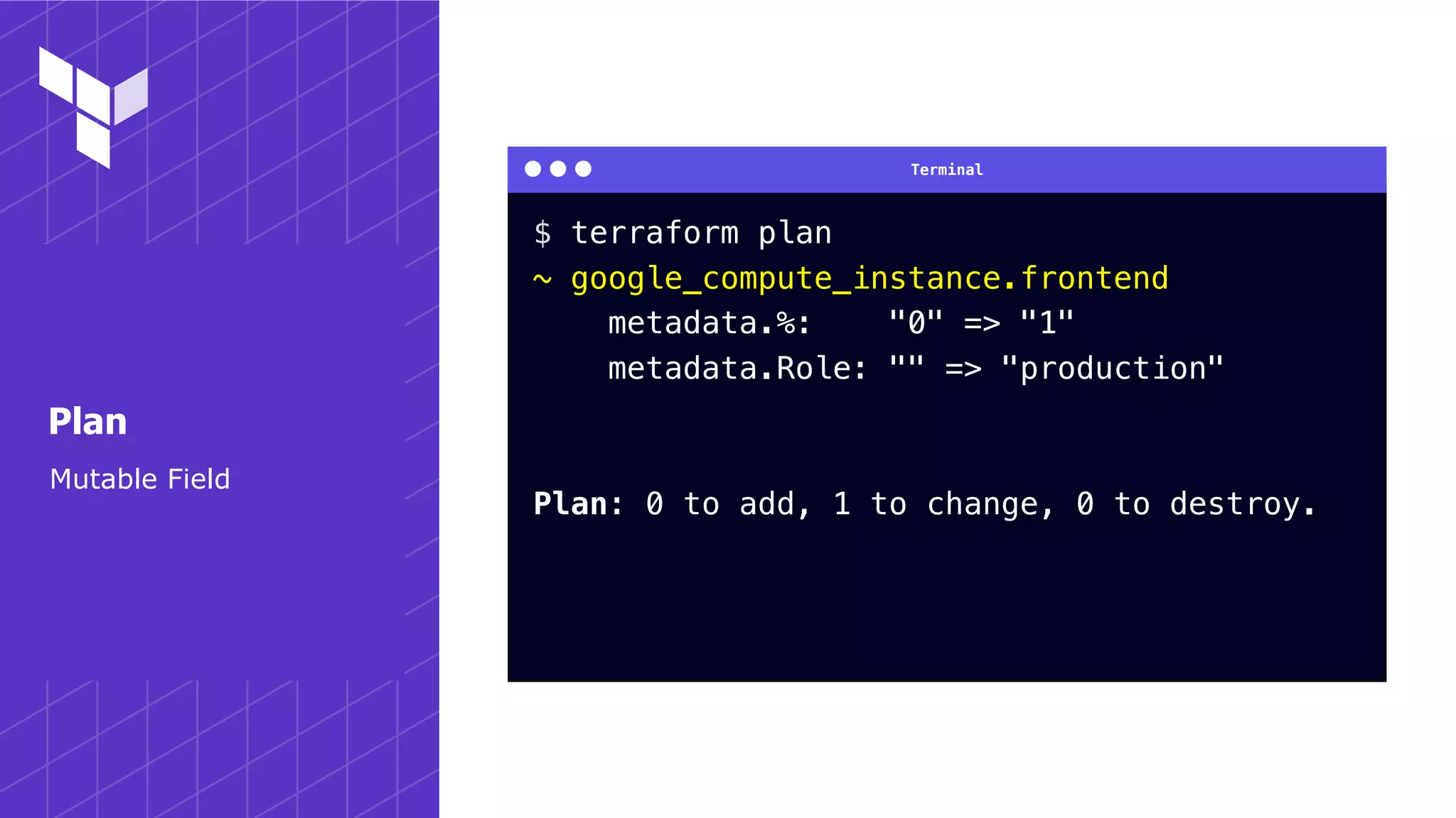 Terminal
Mutable Field
Plan
$ terraform plan
~ google_compute_instance.frontend
metadata.%: "0" => "1"
metadata.Role: "" => "production"
Plan: 0 to add, 1 to change, 0 to destroy.
 