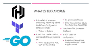 WHAT IS TERRAFORM?
 A templating language
created by HashiCorp called
HashiCorp Configuration
Language (HCL)
 Written in Go Lang
 A tool that can be used to
orchestrate the provisioning
of:
 Public clouds (Azure, AWS,
GCP, Oracle, Alibaba)
 On-premises (VMware)
 Other (Cisco, GitHub, GitLab,
New Relic, Okta, Rabbit MQ)
 Uses State files (more on
this later)
 Is NOT used for
configuration
 PowerShell Desired State
Configuration (DSC), Chef,
Puppet, Ansible
 