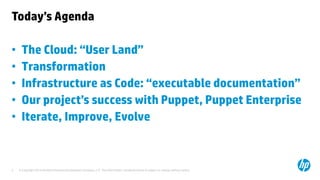 © Copyright 2014 Hewlett-Packard Development Company, L.P. The information contained herein is subject to change without notice. 
3 
Today’s Agenda 
•The Cloud: “User Land” 
•Transformation 
•Infrastructure as Code: “executable documentation” 
•Our project’s success with Puppet, Puppet Enterprise 
•Iterate, Improve, Evolve  