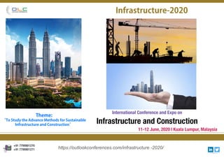 International Conference and Expo on
Infrastructure and Construction
11-12 June, 2020 | Kuala Lumpur, Malaysia
https://outlookconferences.com/infrastructure -2020/https://outlookconferences.com/infrastructure -2020/
OUTLOOK CONFERENCES
+91 7799901270
+91 7799901271
Infrastructure-2020
Theme:
“To Study the Advance Methods for Sustainable
Infrastructure and Construction”
 