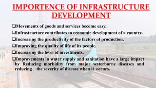 IMPORTENCE OF INFRASTRUCTURE
DEVELOPMENT
Movements of goods and services become easy.
Infrastructure contributes to economic development of a country.
Increasing the productivity of the factors of production.
Improving the quality of life of its people.
Increasing the level of investments.
Improvements in water supply and sanitation have a large impact
by Reducing morbidity from major waterborne diseases and
reducing the severity of disease when it occurs.
 