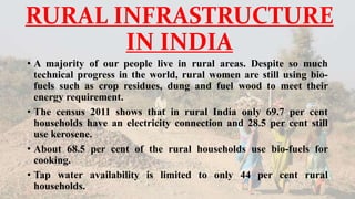 RURAL INFRASTRUCTURE
IN INDIA
• A majority of our people live in rural areas. Despite so much
technical progress in the world, rural women are still using bio-
fuels such as crop residues, dung and fuel wood to meet their
energy requirement.
• The census 2011 shows that in rural India only 69.7 per cent
households have an electricity connection and 28.5 per cent still
use kerosene.
• About 68.5 per cent of the rural households use bio-fuels for
cooking.
• Tap water availability is limited to only 44 per cent rural
households.
 