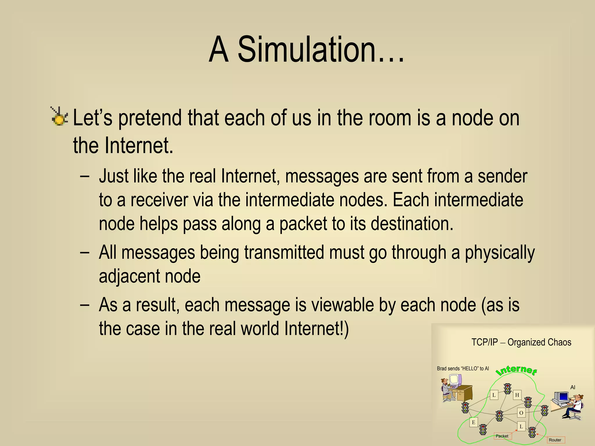 A Simulation… Let’s pretend that each of us in the room is a node on the Internet.  Just like the real Internet, messages are sent from a sender to a receiver via the intermediate nodes. Each intermediate node helps pass along a packet to its destination. All messages being transmitted must go through a physically adjacent node As a result, each message is viewable by each node (as is the case in the real world Internet!) 