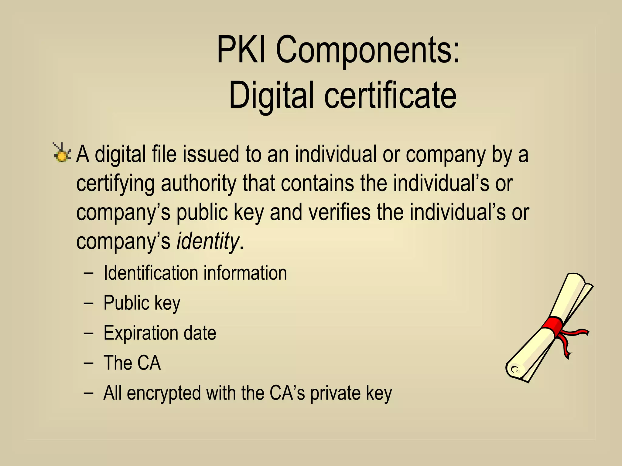 PKI Components:  Digital certificate A digital file issued to an individual or company by a certifying authority that contains the individual’s or company’s public key and verifies the individual’s or company’s  identity . Identification information Public key Expiration date The CA All encrypted with the CA’s private key 