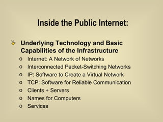 Inside the Public Internet: Underlying Technology and Basic Capabilities of the Infrastructure   Internet: A Network of Networks Interconnected Packet-Switching Networks IP: Software to Create a Virtual Network TCP: Software for Reliable Communication Clients + Servers Names for Computers Services 