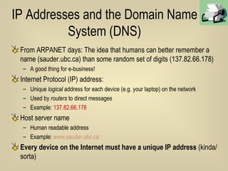 IP Addresses and the Domain Name System (DNS) From ARPANET days: The idea that humans can better remember a name (sauder.ubc.ca) than some random set of digits (137.82.66.178) A good thing for e-business! Internet Protocol (IP) address: Unique  logical  address for each device (e.g. your laptop) on the network Used by  routers  to direct messages Example:  137.82.66.178  Host server name Human readable address Example:  www.sauder.ubc.ca Every device on the Internet must have a unique IP address  (kinda/sorta) 