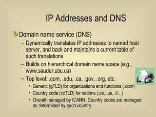 IP Addresses and DNS Domain name service (DNS)  Dynamically translates IP addresses to named host server, and back and maintains a current table of such translations Builds on hierarchical domain name space (e.g., www.sauder.ubc.ca) Top level: .com, .edu, .ca, .gov, .org, etc. Generic (gTLD) for organizations and functions (.com) Country code (ccTLD) for nations (.ca, .us, .it…) Overall managed by ICANN. Country codes are managed as determined by each country. 