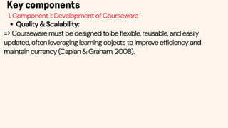 Quality&Scalability:
=> Courseware must be designed to be flexible, reusable, and easily
updated, often leveraging learning objects to improve efficiency and
maintain currency (Caplan & Graham, 2008).
Key components
1. Component 1: Development of Courseware
 