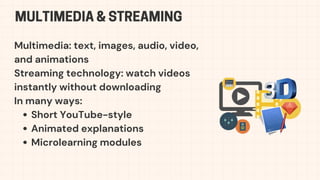 Multimedia: text, images, audio, video,
and animations
Streaming technology: watch videos
instantly without downloading
In many ways:
Short YouTube-style
Animated explanations
Microlearning modules
MULTIMEDIA & STREAMING
 