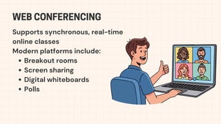 Supports synchronous, real-time
online classes
Modern platforms include:
Breakout rooms
Screen sharing
Digital whiteboards
Polls
WEB CONFERENCING
 