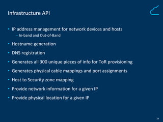 24 
Infrastructure API 
• IP address management for network devices and hosts 
‒ In-band and Out-of-Band 
• Hostname gener...