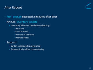 32 
After Reboot 
• first_boot.sh executed 2 minutes after boot 
• API Call: inventory_update 
‒ Inventory API scans the d...