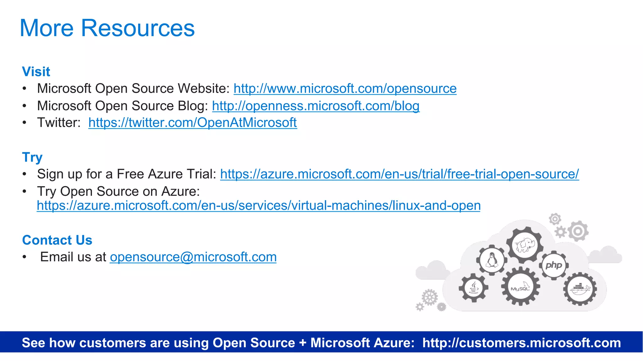Visit
http://www.microsoft.com/opensource
http://openness.microsoft.com/blog
https://twitter.com/OpenAtMicrosoft
Try
https://azure.microsoft.com/en-us/trial/free-trial-open-source/
https://azure.microsoft.com/en-us/services/virtual-machines/linux-and-open
Contact Us
opensource@microsoft.com
See how customers are using Open Source + Microsoft Azure: http://customers.microsoft.com
More Resources
 